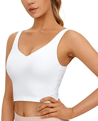 CRZ YOGA Butterluxe Damen V-Ausschnitt Longline Sport-BH - Gepolstert Workout Crop Tank Top mit Eingebautem BH Weiss L