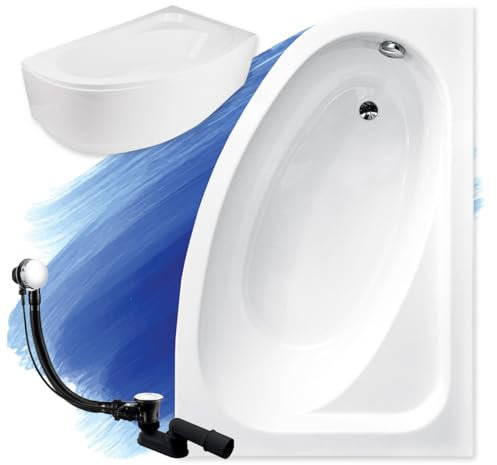 BADLAND Cornea Baignoire d'angle, d'origine, blanche, en acrylique, 140 x 80 cm, kit complet avec tablier en acrylique blanc, pieds et bonde automatique exclusive chromée, fabriqué en UE, 4 en 1