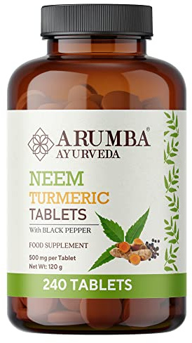 Arumba Ayurveda Neem Turmeric Tablets 240 Count with Black Pepper | Neem Leaf and Turmeric Root Powder Tablets with Black Pepper 240 Count Vegetarian Daily Nutrition Support