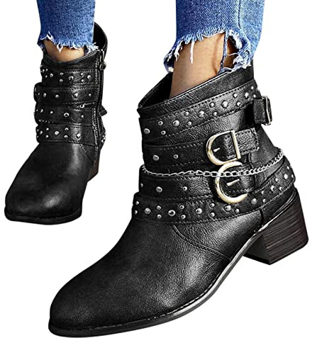 Boots Damen, Stiefeletten mit Absatz Nieten Ketten Blockabsatz Cowboystiefel Elegant Winterstiefel Kurzschaft Ankle Boots Winter Kurz Stiefel Winterstiefel Stiefeletten Damenstiefel