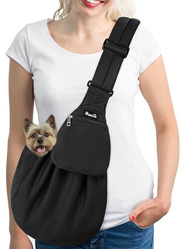 SlowTon Hundetragetasche, Haustier Hundetasche mit verstellbarem, gepolstertem Schultergurt und Fronttasche Tragetasche Hund für Spaziergang Aktivitäten im Freien und Ausflüge(Schwarz-Pullover Stoff)