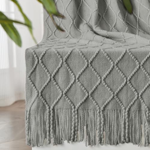 inhand Gestrickte Überwurfdecken für Couch und Bett, weiche, gemütliche Strickdecke mit Quaste, hellgrau, leicht, dekorative Decken und Überwürfe, Bauernhaus-warme gewebte Decke für Männer und Frauen,