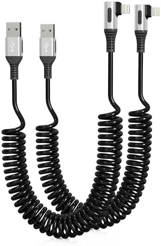 90-Degree iPhone Charger Cable for Apple Carplay MFi Coiled Lightning Cable Right Angle - Short USB to Lightning Cable for Car [2 Pack]