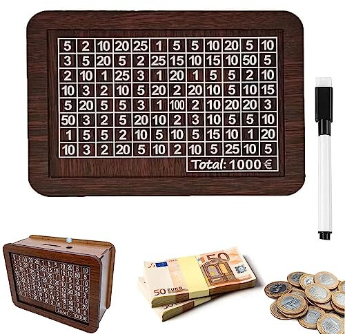 Spardose Holz,Sparbox mit Zähler zum Ankreuzen Wiederverwendbare,Spardose aus Holz,Geldkassette mit Zähler,Sparschwein aus Holz für Erwachsene und Kinder mit Sparziel(1000€)