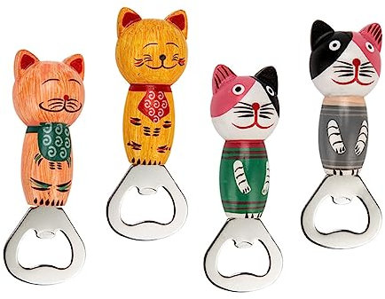 4pcs cat Bottle Opener Stainless for Fridge jar Opener Cool Bottle Funny Fridge Magnets Novelty Bottle openers Opener Keychain Refrigerator The cat Alloy Wood