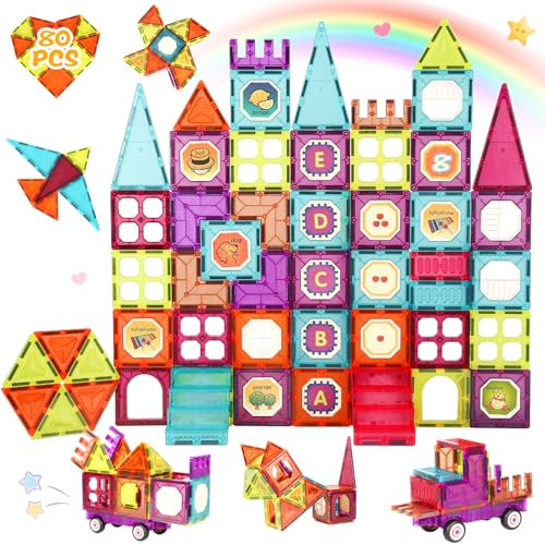 Gavgroom Magnetische Bausteine 80pcs für Kinder ab 3+ Jahre mit Puzzlestücken und Aufklebern3D Starke Magnet STEM Spielzeug Montessori Lernspielzeug Geschenk