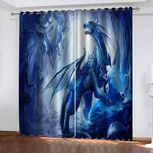 GSKOQD Verdunkelungsvorhang Kinderzimmer Junge Mädchen Blickdichte Vorhänge Mit Ösen 2 Stück 170X200Cm 3D Anime Blauer Drache Muster Gardinen Wohnzimmer Schlafzimmer Schallschutz Vorhang