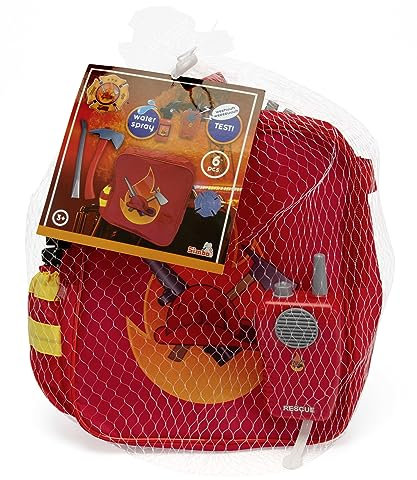 Feuerwehr Rucksack Set, Feuerlöscher mit Sprühfunktion, Axt, Funkgerät mit Sound, Brechstange und Marke, Rollenspielzeug, ab 3 Jahre