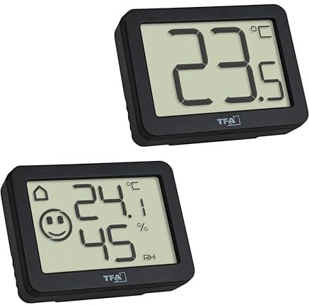 TFA Dostmann 1x Mini Thermometer & 1x Thermo-Hygrometer Set, 95.2020.01, Luftfeuchtigkeitsmesser mit präzisem Raumthermometer, mit Smiley-Anzeige, ideal für Zuhause, Büro, Schlafzimmer, schwarz