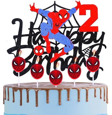 Spider-man 2nd Birthday Cake Topper with Candle Red Spider Candles Cake Decorations for Boys,Happy Spider Theme Party Candles Cake Cupcake Topper for Boys Girls 2nd Birthday Decor