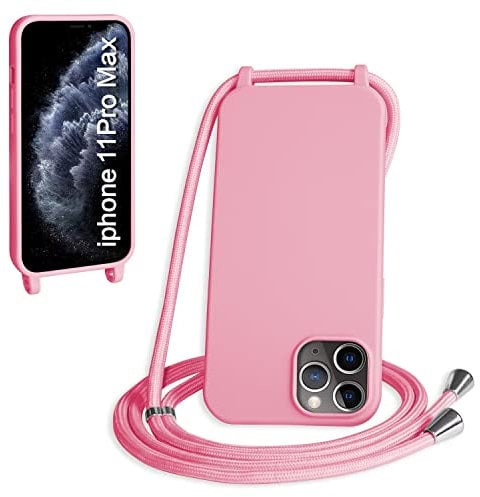 SLWYF Compatible with iPhone 11 Pro Max Crossbody Lanyard Case, Liquid Silicone Protective Phone Case with Strap Adjustable Neck Cord Necklace Soft Cover for iPhone 11 Pro Max, Pink