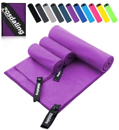 Fosdaling Mikrofaser Handtuch 3er Set(Groß 160×80cm und 2 Klein 80×40cm), Schnelltrocknend Microfaser Fitness & Sport Handtücher, für Strandtuch, Badetuch, Sporthandtuch und Reisehandtuch (Lila)