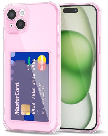 Svanove for iPhone 15 Plus Case Wallet Clear, Card Holder Case with Credit Card Slot, Thin Slim Transparent Silicone Grip Soft Rubber Protective Shockproof Airbag Bumper for Women, Light Pink