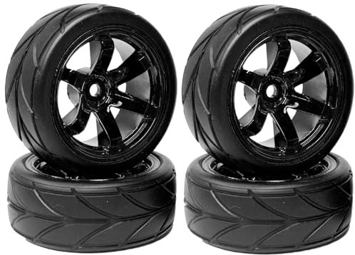 KINGCOO RC Auto Reifen und Räder Set, 4Stück 64mm Gummireifen und 6 Speichen Felgen Kunststoff Rad 12mm Hex für 1/10 RC On-Road Run-Flating Touring Racing Auto (Schwarz)