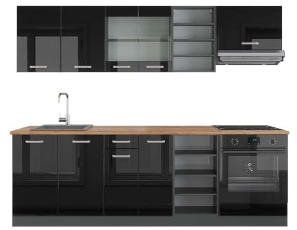 Vicco Küchenzeile R-Line, Schwarz Hochglanz/Anthrazit, 240 cm | 10 Module · Höhenverstellbare Füße · Arbeitsplatte Eiche · Robuste Fronten · Mit Herdumbauschrank · Frei kombinierbar