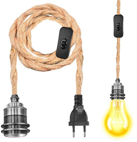 E27 Lampenfassung mit Kabel, Hanfseil Pendellampe Kit Lampenfassung Pendelleuchte mit Stecker & 1,8M Kabel E27 Vintage Lampenkabel HäNgende Leuchte für Dining Hall Schlafzimmer Home, Ohne Glühbirne