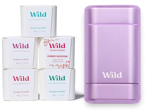 Wild - Lilafarbener Deobehälter mit 5 x 40g Nachfüllpacks in verschiedenen Düften - Das Komplette Starter-Set - Natürliches nachfüllbares Deo - Aluminiumsalzfrei - Lang anhaltender Schutz
