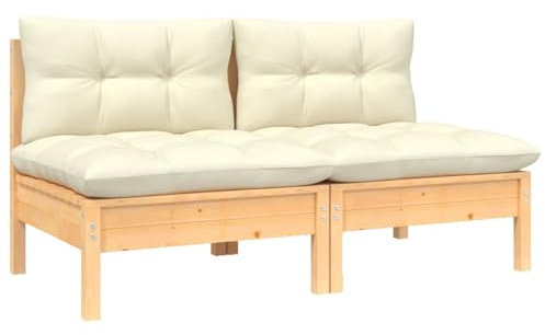 Homgoday Gartensofa 2-Sitzer Massivholz Kiefer mit Kissen Cremasofa Outdoor Paletten Holz Sofa Paletten Outdoor Braun und Creme Zweisitzer