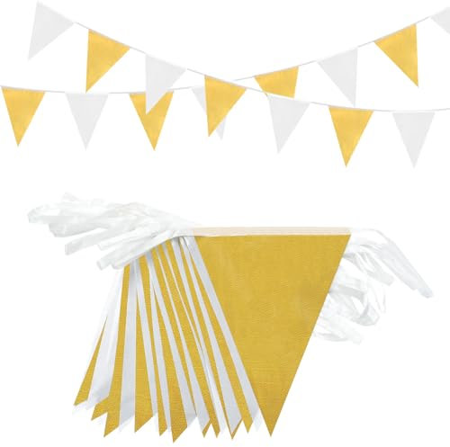 66 Fuß lange Wimpelkette, 52 Stück wasserdichte Dreiecksflaggen aus Polyestergewebe, wiederverwendbare Wimpelkette, gold-weißes Wimpelbanner für Partybanner, Partydekorationen, Geburtstage