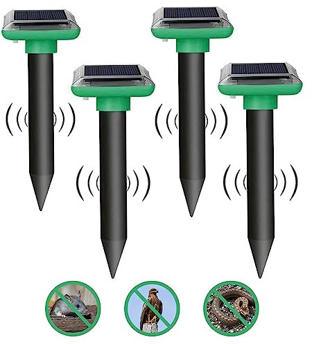Ahuyentador de Ratones Topos Palomas, Repelente Impermeable de Trampas para Ratas Ultrasónico Solar, Anti Ratas, jabalies y Serpientes para Jardin y Cámping (4 Piezas)