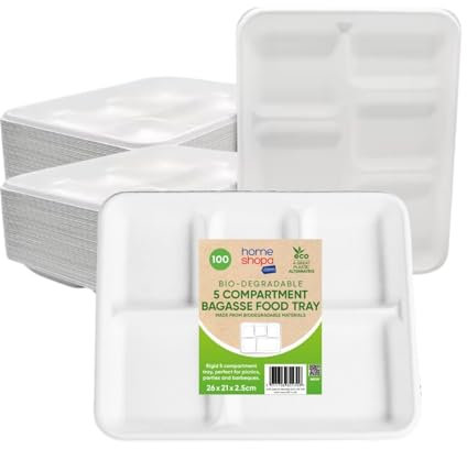 HOMESHOPA Bagasse Plates, 50Pk 5 Compartment Biodegradable Disposable Sugarcane Paper Plates, Heavy Duty Compostable ECO Friendly Super Rigid White Dinner Plates for Party Picnic BBQ