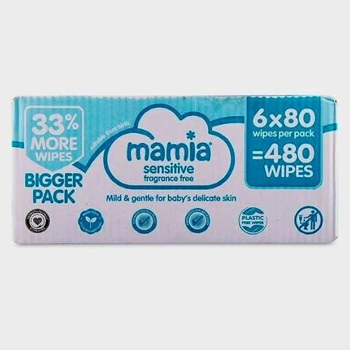 Mamia Sensitive Fragrance Free 480 Wipes - Bigger Pack of 6x80. Perfect for Delicate and Mild Baby Skin. Easy to Use and Dispose.