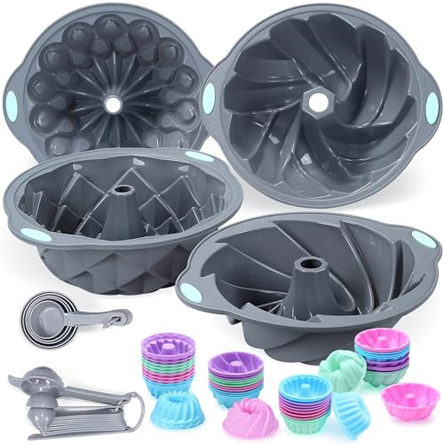 Tongjude 69 pezzi Teglie per torte scanalate in silicone, teglia a tubo da 6/7/8 tazze, stampi in silicone per torte e pane fatti in casa, teglie da forno da cucina antiaderenti, grigio