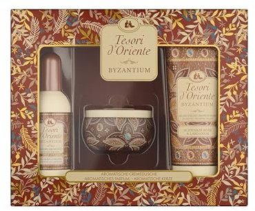 TESORI D'ORIENTE Set regalo Byzantium (doccia crema 250 ml, EDT 100 ml e candela profumata) con rosa nera e labdano, rituali benessere per corpo e sensi