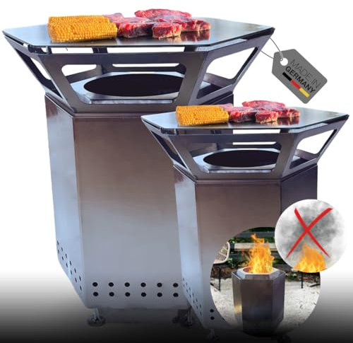 Terma 2IN1 Smofree 2.0 XXL Feuerstelle Edelstahl inkl Feuerplatte Raucharm Größe 75x88 cm für Terrasse & Garten Made in Germany Holzkohlegrill Fast rauchfrei Feuerkorb