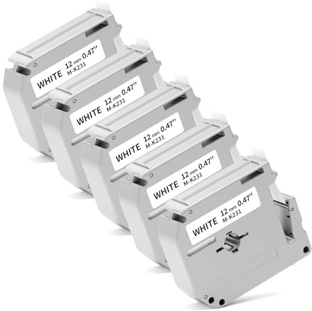 5x m Brother M-K231 Schriftband 12mm, Schwarz auf Weiß für PT-90 PT-M95 PT-65 PT-60 PT-55 PT-70 PT-80 PT-85 (kompatibel mit M-K231S M-K231 MK231S M-K231BZ) 12 mm x 8 m