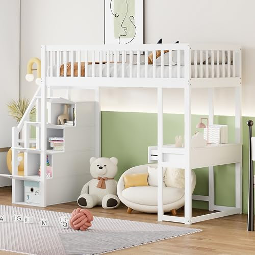Merax Hochbett 90 x 200 cm mit Schreibtisch, multifunktionales Hochbett für 1 Platz mit Stauraumtreppen, Weiß (ohne Matratze)