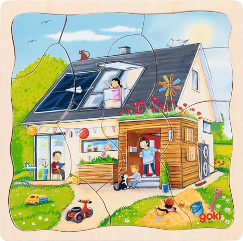 goki 57322 Layer Puzzle Wir Bauen Ein Haus, 3 Layers with Motifs of House Building Phases, Promotes Motor Skills and Problem Solving Ability for Children, 20 cm x 20 cm, Set of 35, from 3 Years