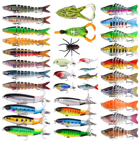 36pcs Fishing Lures Kit for Bass Pike Panfish Walleye Trout Including Multi Jointed Swimbaits Soft Duck Spider Frogs Soft Fish and with Floating Rotating Propeller Tail Tractor Topwater Lures