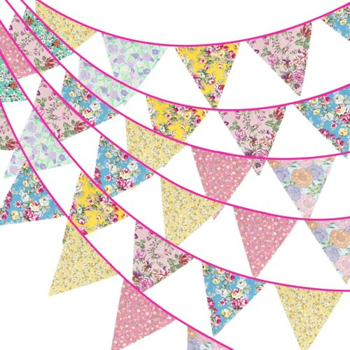 G2PLUS 12m Wimpelkette Blumen Stoff, Bunt Stoff Wimpel Girlande, Lange Gartendeko Bunting, Stoffgirlande mit 42 STK Groß Blumen Wimpeln für Haus und Garten Deokration