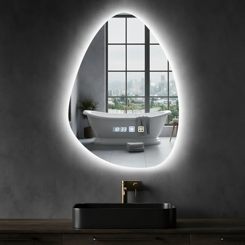 Sararoom 500 X 700 MM Tear Shape Bathroom Mirror with LED Lights and Touch Switch, 3 Color Temperature Wall Mounted Vanity Mirror, Modern Versatile Illuminated Bathroom Mirror with Demister Pad
