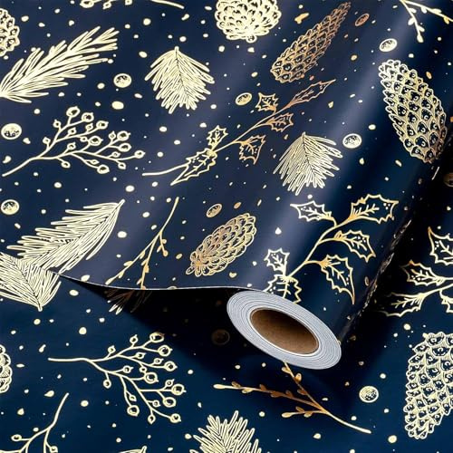 Wikadlik Weihnachts Geschenkpapier Minirolle Blau mit goldfarbenem Tannenzapfenmotiv für Weihnachten, Feiertage und festliche Partys – 43cm x 10m
