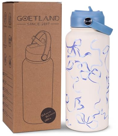 Goetland Schleifen Isolierte Trinkflasche Edelstahl 1l Wasserflasche mit Strohhalm Griff Doppelwandige Vakuumflasche Trinkbecher Auslaufsicher für Frauen und Männer Blau