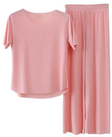 Set Pigiama da Donna in Seta Ghiacciata Pigiama Donna Cotone Estivo Girocollo Manica Corta Top Corto Loungewear e Pantaloni Leggeri e Traspiranti Tinta Unita Camicia da Notte Abbigliamento da Casa