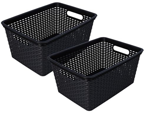 HRB Aufbewahrungsbox Lagerbox Box Korb in Rattan-Optik, 15 Liter, 39x28x18 cm Kiste Modern (Schwarz, 2 Stück)
