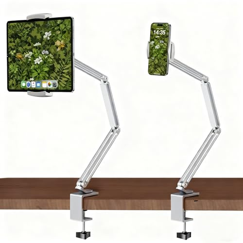 Hersance D88A Tablet Halterung Tisch, Aluminum iPad Halterung Bett mit 2 Clips Tisch Ständer, Tablethalterungen für iPad Pro 13 2024/Galaxy Tabs/Phones/Kindle, 3.5-13 Zoll etc