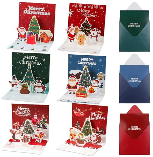 3D Weihnachtskarte Pop Up Karte, 6 Stück Weihnachtskarte 3D Weihnachtskarten mit Umschlag Set Premium Papier Pop Up Christmas Cards DIY Baum Schneemann Geschenke für Kinder Freunde Familie Dame