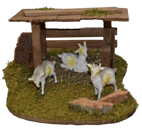 Generisch Alfred Kolbe Krippenfiguren Set mit Ziegen, Holzstall mit Moos, Weihnachtskrippen-Zubehör, Handgefertigt