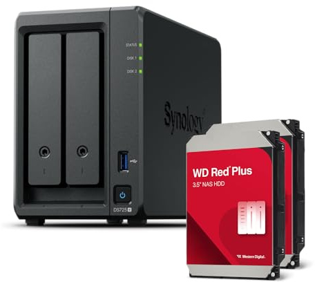 Synology DS725+ Bundle 20TB Western Digital (WD Red Plus 2X 10TB) 2 Bay Plus Serie mit Ryzen R1600, 4GB Ram (32GB max), 1x 2.5GbE, 1x 1GbE, 2X M.2 NVMe Steckplätze