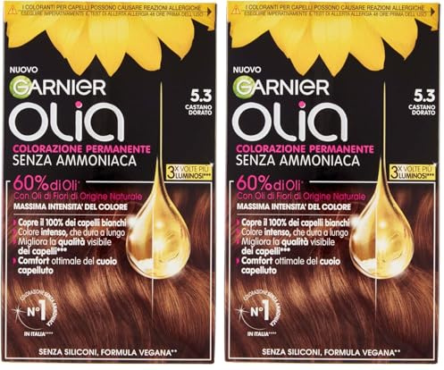 Garnier Olia Tinta Capelli, Senza Ammoniaca, Copre I Capelli Bianchi, Castano Dorato (Confezione da 2)
