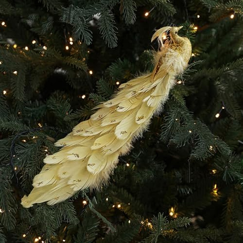 Künstlicher Pfauen-Anhänger, langer Schwanz, Vogel-Ornamente, Pfauendekoration, Weihnachtsbaum-Dekoration (Gold)