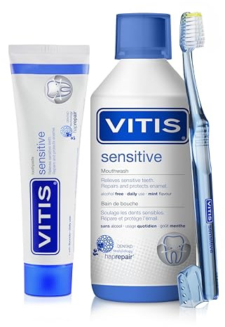 VITIS Sensitive Zahnpflege-Set – Sensitive Zahnpasta & Mundspülung + Sensitive Zahnbürste – für die tägliche Mundpflege