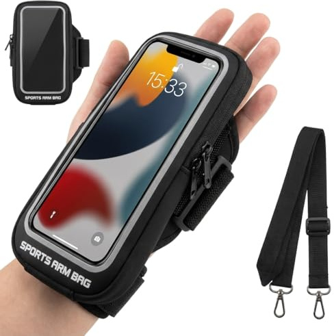 Sportarmband Handyhalterung Joggen mit Handytasche Kopfhörertasche, Handy Armband Jogging Zubehör, Wasser Staubdicht Laufen Armband für iPhone 17/16/15/14/13 Pro Max, Galaxy S23-S26 Ultra bis 6,8 Zoll