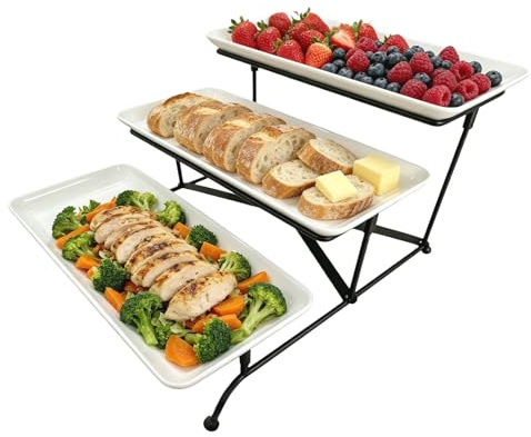 Hniuyun 3-Tier 12 Inch White Plastic Serving Tray, Black Collapsible Metal Stand with Stable Cross Bars, Reusable Tiered Display for Buffet, Veggie, Fruit, Dessert