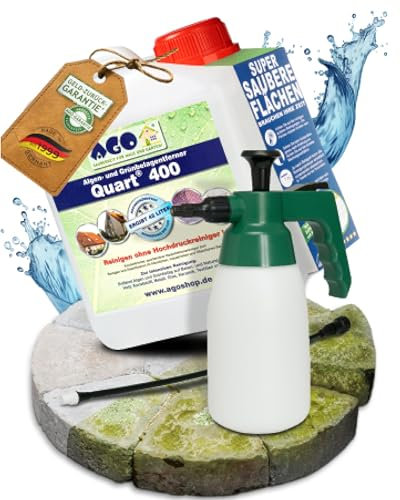 AGO Quart 400 Set Grünbelagentferner 2 Liter - chlor- und säurefrei & Sprühflasche 1L mit Verlängerung / 400 qm Algen und Grünbelag Entferner/Steinreiniger/Terrassenreiniger/Grünspan Entferner