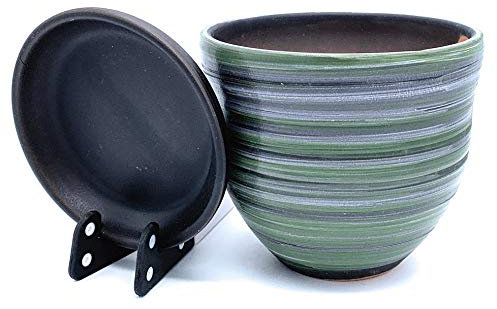 Sun Cakes Pot de Fleurs en céramique émaillée avec Soucoupe Ronde en Terre Cuite avec bac d'égouttement Couleur Argile 26 x 22 cm Noir Mat/Blanc/Vert